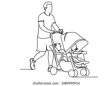 continuous single drawn one line of dad on a walk with two children in a stroller painted by hand picture silhouette. Line art. a man with a stroller
