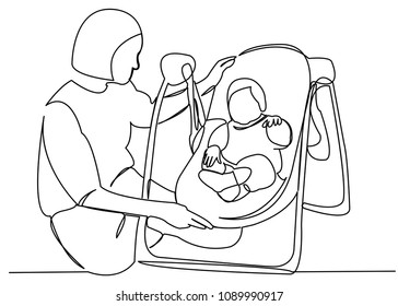 continuous single drawn one line mom with baby in a swing for newborns painted by hand picture silhouette. Line art.