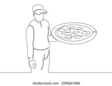 Continuous single drawn one line character delivery pizza courier