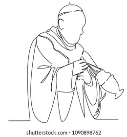 continuous single drawn one line catholic priest performs a hand-drawn picture of the silhouette. Line art. priest