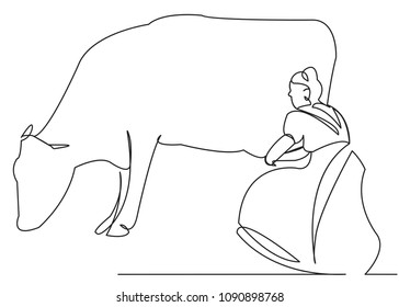 continuous single drawn one line woman doi cow depicted from the hand picture silhouette. Line art. milkmaid