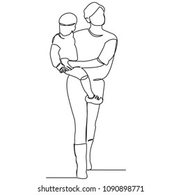 continuous single drawn one line with a child on hands painted by hand picture silhouette. Line art. character mommy with a baby in his arms for a walk