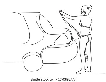 continuous single drawn one line girl in bathing suit washes machine drawn from hand picture silhouette. Line art.