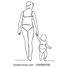 continuous single drawn one line mom with a little daughter on the beach drawn by hand picture silhouette. Line art. mom with baby on the beach