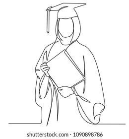 continuous single drawn one line girl student drawn by hand picture silhouette. Line art. graduate student graduate