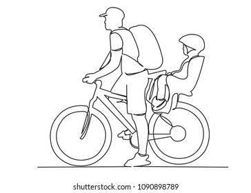 continuous single drawn one line of dad with a child on a bicycle drawn from the hand picture silhouette. Line art. Dad and child riding a bicycle