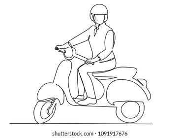 una mujer de una sola línea, dibujada continuamente, conduce una moto moto dibujada con silueta de foto a mano. Arte de línea.