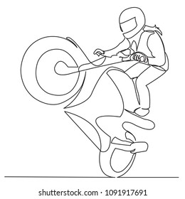 continuous single drawn one line girl woman is riding a motorbike motorcycle bike drawn by hand picture silhouette. Line art.