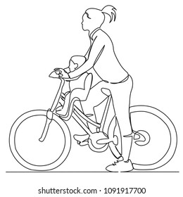 continuous single drawn one line mom with child riding a bicycle hand-drawn picture silhouette. Line art. mom with baby on a bike