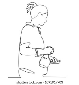 continuous single drawn one line woman doing cleaning drawn by hand picture silhouette. Line art. woman housewife cleans