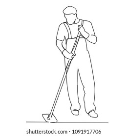 continuous single drawn one line male cleaner washes the floor painted by hand picture silhouette. Line art.