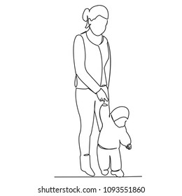 continuous single drawn one line mom teaches the baby to walk hand-drawn picture silhouette. Line art.