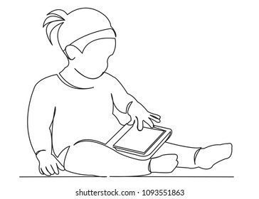 continuous single drawn one line little girl is playing in a tablet drawn from a hand picture silhouette. Line art. girl playing smarfon device