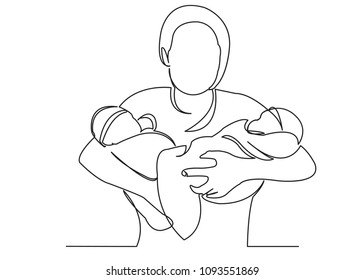 continuous single drawn one line mom with twins on hands painted by hand silhouette picture. Line art. mother with two children in her arms