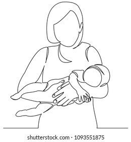 continuous single drawn one line mom with newborn baby painted by hand picture silhouette. Line art.
