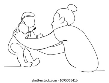 continuous single drawn one line mom tosses a toddler drawn by hand a silhouette picture. Line art. Mom plays with the baby