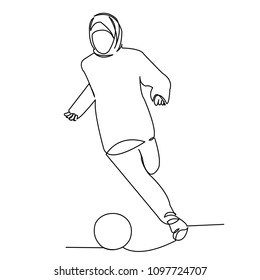 Continuous Single Drawn One Line Woman Muslim Playing Soccer Hand-drawn Picture Silhouette. Line Art. Character Modern Muslim Woman Playing Football