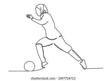 Continuous Single Drawn One Line Woman Muslim Playing Soccer Hand-drawn Picture Silhouette. Line Art. Character Modern Muslim Woman Playing Football