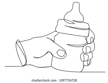 continuous single drawn one line hand with bottle for feeding kids hand-drawn picture silhouette. Line art. bottle for feeding in hand