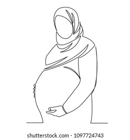 continuous single drawn one line woman Muslim woman pregnant hand-drawn picture silhouette. Line art. character Muslim woman waiting for the birth of a child