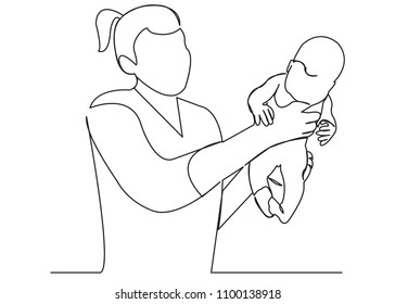 continuous single drawn one line doctor with a newborn baby in his arms hand-drawn picture silhouette. Line art. character midwife with newborn