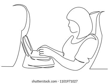 continuous single drawn one line girl woman eats in the airplane hand-drawn picture silhouette. Line art. meals on the plane
