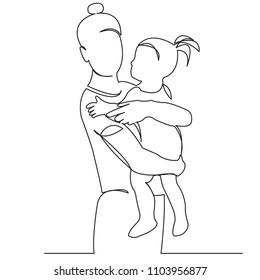 continuous single drawn one line with a child on hands painted by hand picture silhouette. Line art. character mommy with a baby in his arms for a walk
