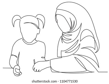 continuous single drawn one line Muslim woman doing lessons with daughter drawn by hand picture silhouette. Line art. character mother and daughter