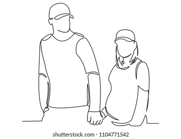 continuous single drawn one line of enamored conjugal pregnant couple drawn by hand picture silhouette. Line art. character of a pregnant woman with her husband