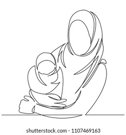 continuous single drawn one line Muslim woman with children on hands painted by hand silhouette picture. Line art