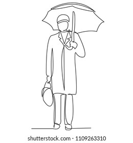 continuous single drawn one line businessman under an umbrella hand-drawn picture silhouette. Line Art.