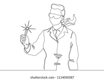 Continuous single drawn one line scientist researcher professor. The concept of science and education, scientific research.Physicist with a new element in the forceps.