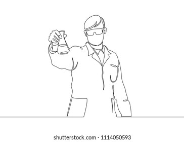 Continuous single drawn one line scientist researcher professor. The concept of science and education, scientific research. Chemist with the flask in his hand.