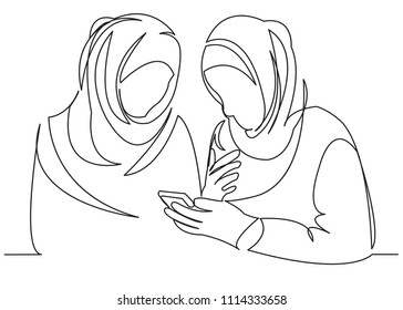 continuous single drawn one line of girlfriend girl Muslim girl look phone drawn from the hand picture silhouette. Line art. character Muslim girlfriend girlfriend