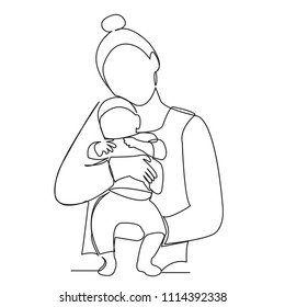 continuous single drawn one line mom tosses a toddler drawn by hand a silhouette picture. Line art. Mom plays with the baby