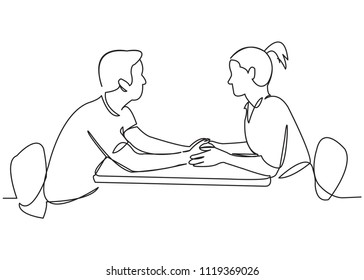 continuous single drawn one line in love couple in a cafe hand-drawn picture silhouette. Line art. man and woman in a restaurant
