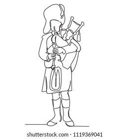 continuous single drawn one line Scotsman in national costume plays bagpipes hand-drawn picture silhouette. Line art.