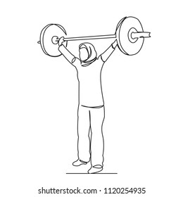continuous single drawn one line Muslim woman raises a bar drawn from a hand picture silhouette. Line art. Muslim woman Powerlifting, female athlete