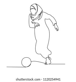 Continuous Single Drawn One Line Woman Muslim Playing Soccer Hand-drawn Picture Silhouette. Line Art. Character Modern Muslim Woman Playing Football