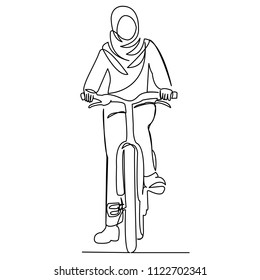 continuous single drawn one line Muslim woman on a bicycle drawn by hand picture silhouette.Line art. character of a modern Muslim woman on a bicycle