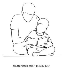 continuous single drawn one line dad reads book to son hand-drawn picture silhouette. Line art