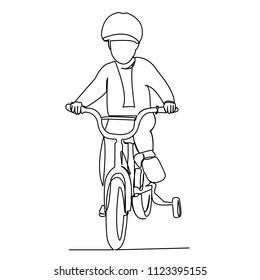 continuous single drawn one line child on a children's bicycle hand-drawn picture silhouette. Line art