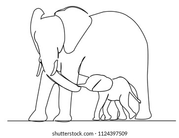 continuous single drawn one line mom elephant with a baby elephant hand-drawn picture silhouette. Line art