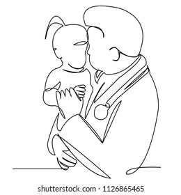 continuous single drawn one line doctor with child hand-drawn picture silhouette. Line art. character of a child doctor with a child in his arms