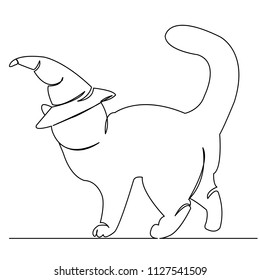continuous single drawn one line black cat witches cap hand-drawn picture silhouette. Line art. Halloween Holiday
