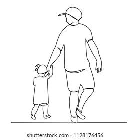 continuous single drawn one line dad walking with the child hand-drawn picture silhouette. Line art. father with a child
