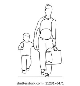 continuous single drawn one line pregnant mom goes shopping with her son hand-drawn picture silhouette.Line art. a pregnant mother with a son