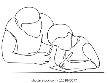 continuous single drawn one line of dad helps doing lessons drawn by hand a picture of the silhouette. Line art. character dad with his son doing homework