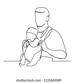 continuous single drawn one line of the child's daddy daddy in sling hand-drawn picture silhouette. Line art. character man with child in his arms