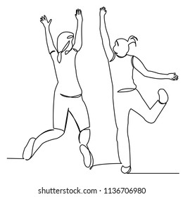 continuous single drawn one line teenager talking hand-drawn picture silhouette. Line art. two girlfriends are jumping